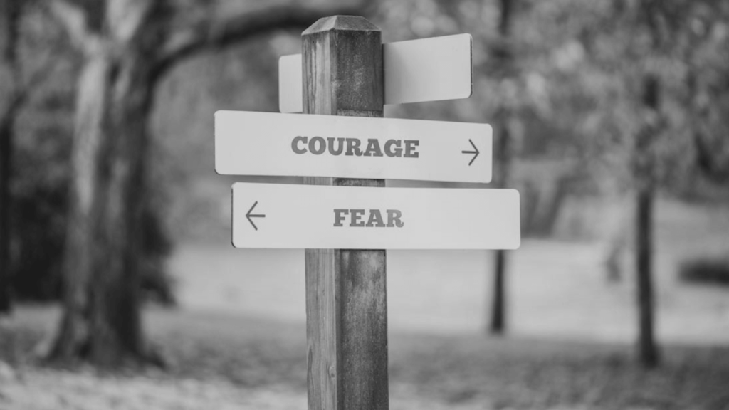 Sign that points to "courage" and one to "fear".